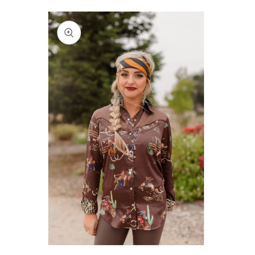 Rodeo Quincy El Rodeo Brown Western Shirt with Rodeo Print; Size 2XL